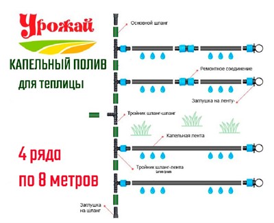 Капельный полив для теплицы 4 ряда по 8 метров