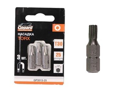 Насадка TORX T30 25мм  3шт GEPARD (GP3513-25) (бита звездочка шестилучевая звезда сталь S2  магнитная) - фото 172277