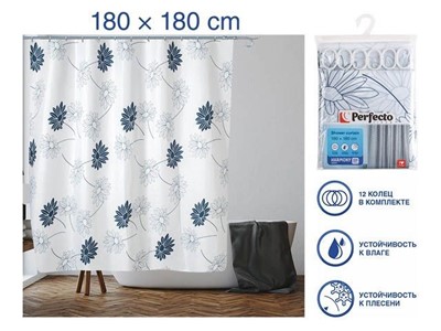 Шторка для ванной (12 колец в комплекте), 180x180 см, Harmony, цветы, PERFECTO LINEA (Материал: полиэстер (текстильная)) - фото 179225
