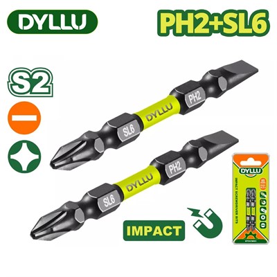Бита двухсторонняя ударная PH2 + SL6 65 мм DYLLU DTSV3K63 (2 шт.) - фото 182932