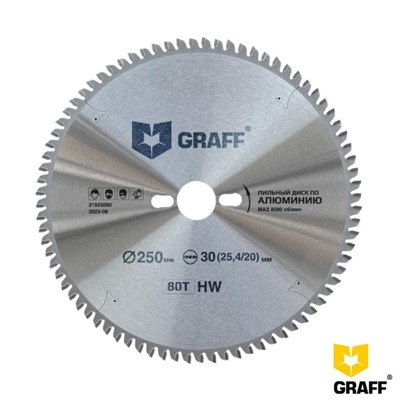 Диск пильный по алюминию 250x30(25.4/20)х3,2/2,5 мм. 80 зубов GRAFF Expert