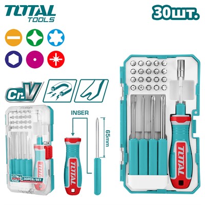 Отвертка со сменными наконечниками м набором бит TOTAL TACSD30306 (30 шт.) - фото 188275