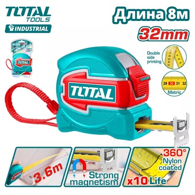 Рулетка усиленная с магнитом 8м x 32 ммTOTAL  - фото 188294