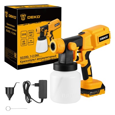 Краскопульт аккумуляторный 20В, 800мл, АКБ 2 А/ч DEKO SG20D