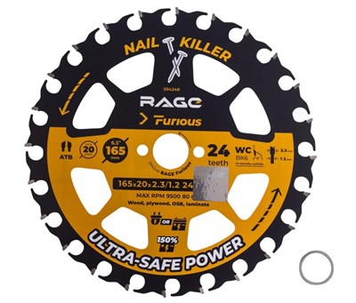 Диск пильный по дереву c гвоздями 165×20/16×24Z Rage by Vira W&N Furious