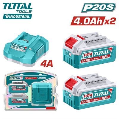 Аккумулятор 2x4 А/ч 20 В с зарядным устройством TOTAL