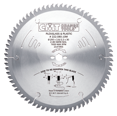 Диск пильный для оргстекла пластика 300х30х2,8/2,2 мм MATB -3° 96Т СМТ (Италия)