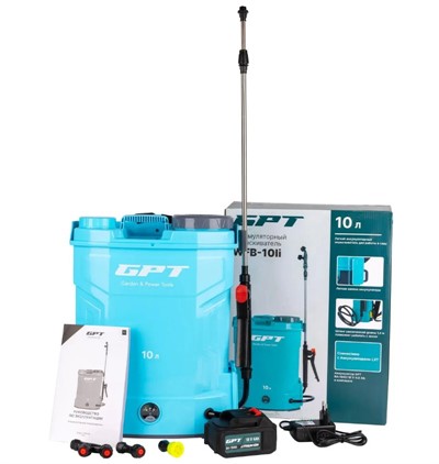 Опрыскиватель аккумуляторный 10 л, 18В АКБ 4А/ч +з/у, телескоп. штанга -48-100 см, GPT WFB-10li бак 10 литров.