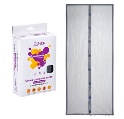 Сетка-шторка 45х210 см, 2 шт. на дверь противомоскитная, с магнитным замком и крепежной лентой, HELP 