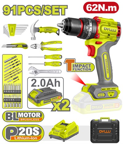 Дрель-шуруповерт ударная с набором инструмента DYLLU DTDT4B91 (91 предмет) - фото 199077