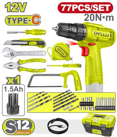 Дрель-шуруповерт с набором инструмента DYLLU DTDT4B77 (77 предметов) - фото 199119