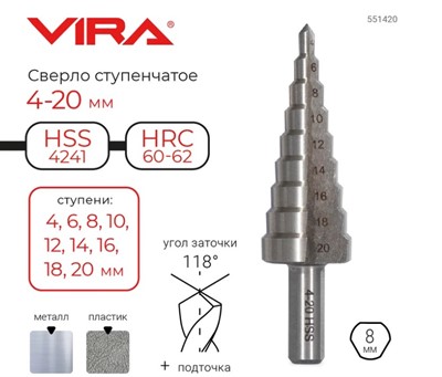 Ступенчатое сверло  по металлу 4-20 мм VIRA