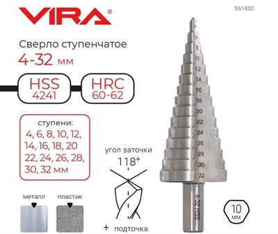 Ступенчатое сверло  по металлу 4-32 мм VIRA