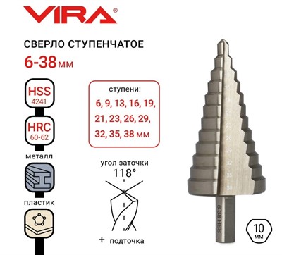 Ступенчатое сверло  по металлу 6-38 мм VIRA 