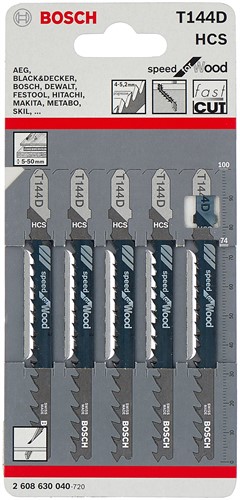 Пилка лобзиковая по дереву 100 мм T144D (5 шт.) BOSCH (пропил прямой, грубый, быстрый рез)