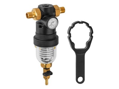 Фильтр самоочищающийся 1/2" нар., с манометром, AV Engineering (промывной латунный, разборный, ступенчатый)
