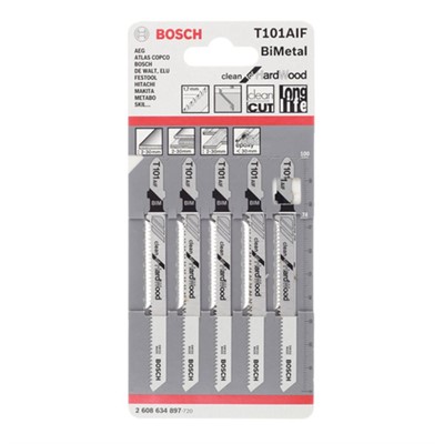 Пилка лобзиковая по дереву/ламинату 100 мм  T101AIF (5 шт.) BOSCH (пропил прямой, тонкий, для точного реза, в т.ч. в твердой древисине)
