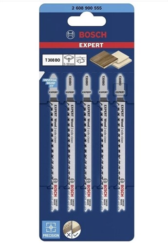 Пилки для лобзика 117 мм Т308ВO, HCS, 5 шт  Expert Bosch  (чистый, криволинейный рез)