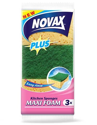 Губки кухонные MAXI FOAM 3шт (пенополиуретан + фибра, бежевый, размер 100 x 66 x 38 мм) NOVAX - фото 23278