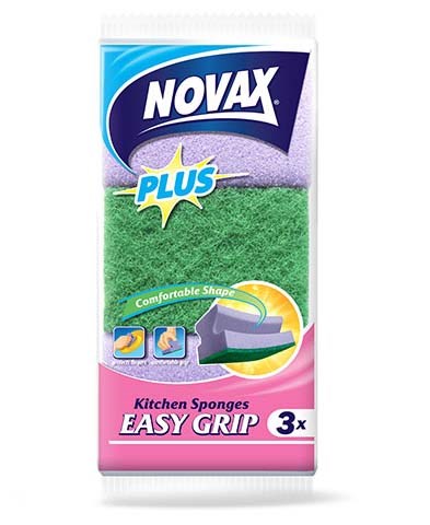 Губки кухонные профилированные 3шт NV Plus (пенополиуретан + фибра, зеленый/фиолетовый, размер 90 x 60 x 48 мм) NOVAX - фото 23287