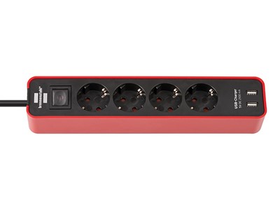 Удлинитель 1.5м (4 роз., 3.3кВт, с/з, 2 USB порта, выкл., ПВС 3х1,5мм2) черный/красный Brennenstuhl Eco-Line